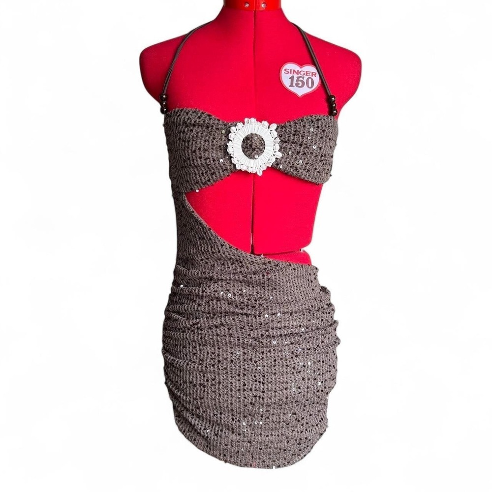 Outcast Pierre Mini Dress Chocolate Brown Shell Sequin Halter OC6255-M